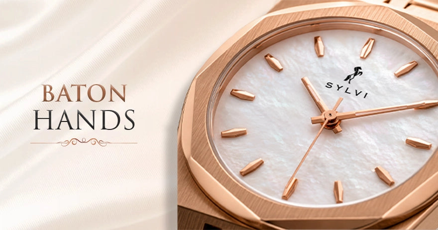Rose-gold baton hands on the Sylvi Sia mother-of-pearl dial