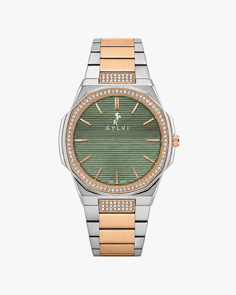 Sylvi Blade Crystal Green Gold Silver Steel Analog watch for men India