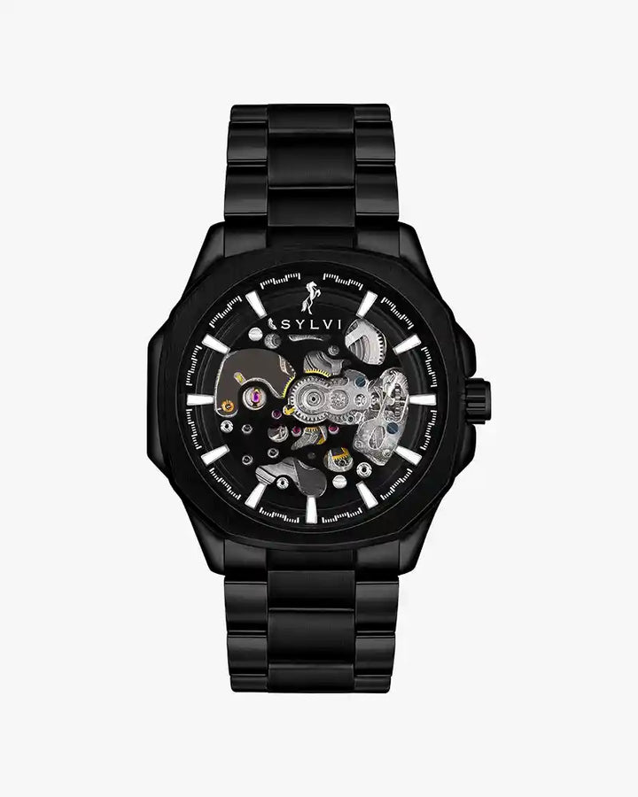 Core X black steel skeleton watch for men