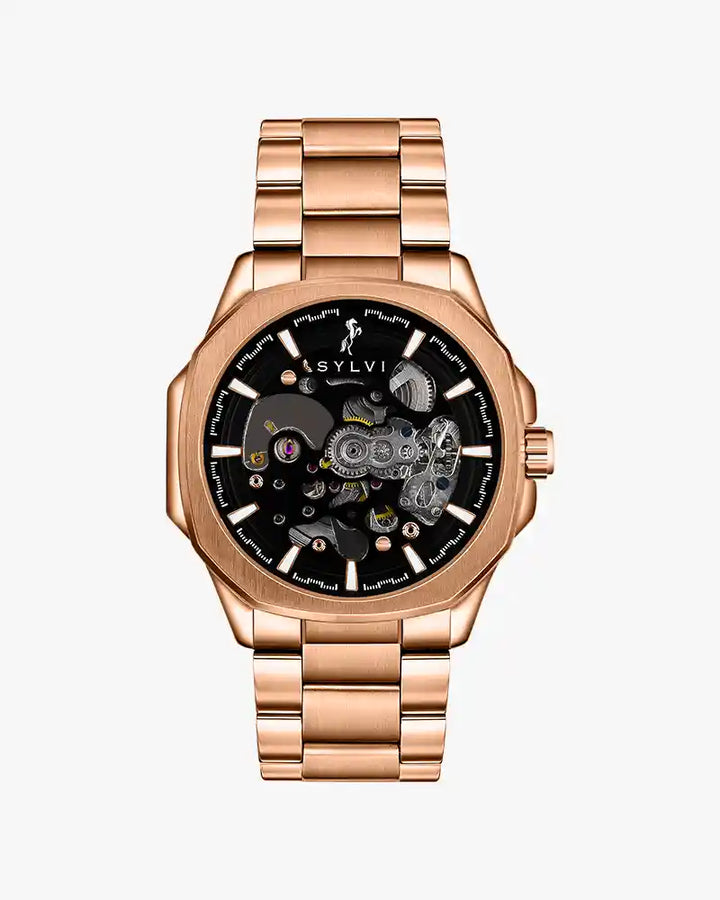 Core X black skeleton automatic watch front dial