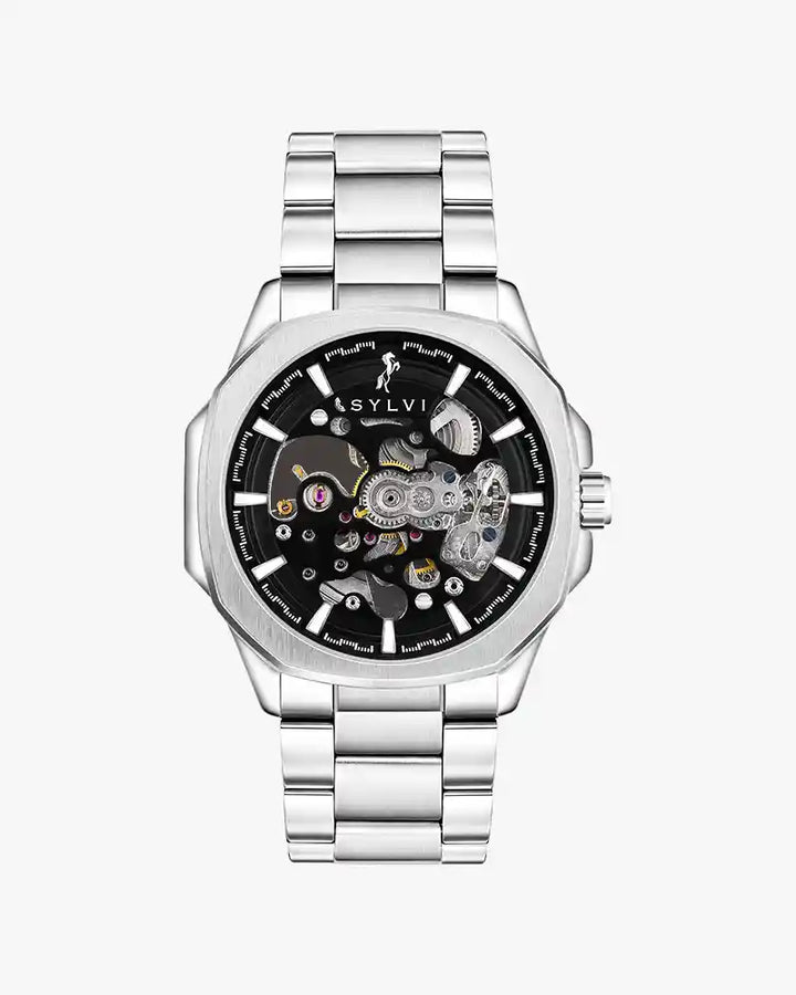 Core X silver steel mens skeleton watch