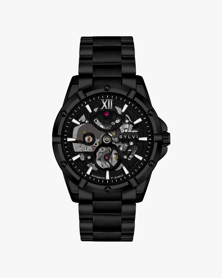 Pulse Skeleton All Black Steel automatic watch with open skeleton dial.