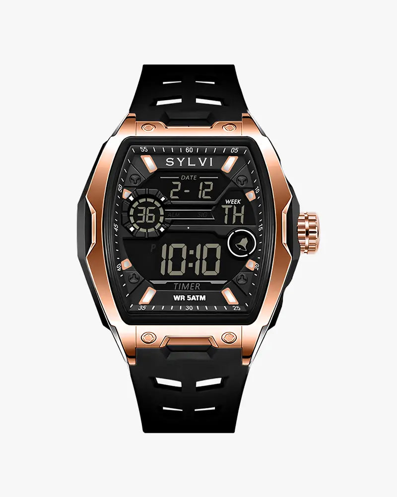 Sylvi Vanguard Black Rosegold Silicone Analog Digital Watch for Men