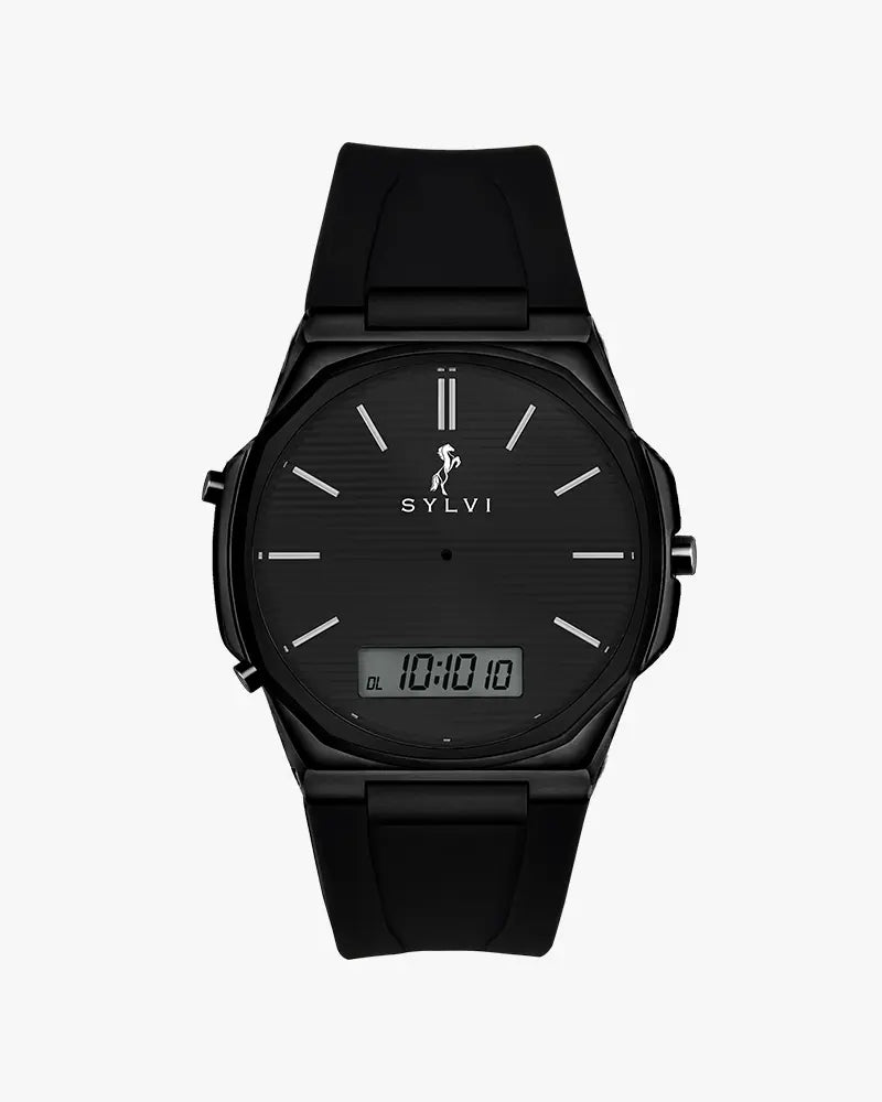Sylvi Blade DualTime black dial men's analog digital watch with silicone strap – front view 3
