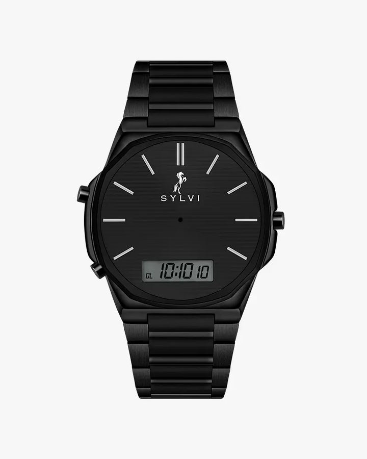 Black watch with digital display on a white background