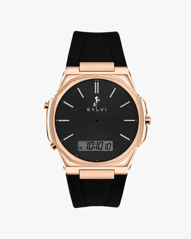 Sylvi Blade DualTime black dial men's analog digital watch with silicone strap – front view 2