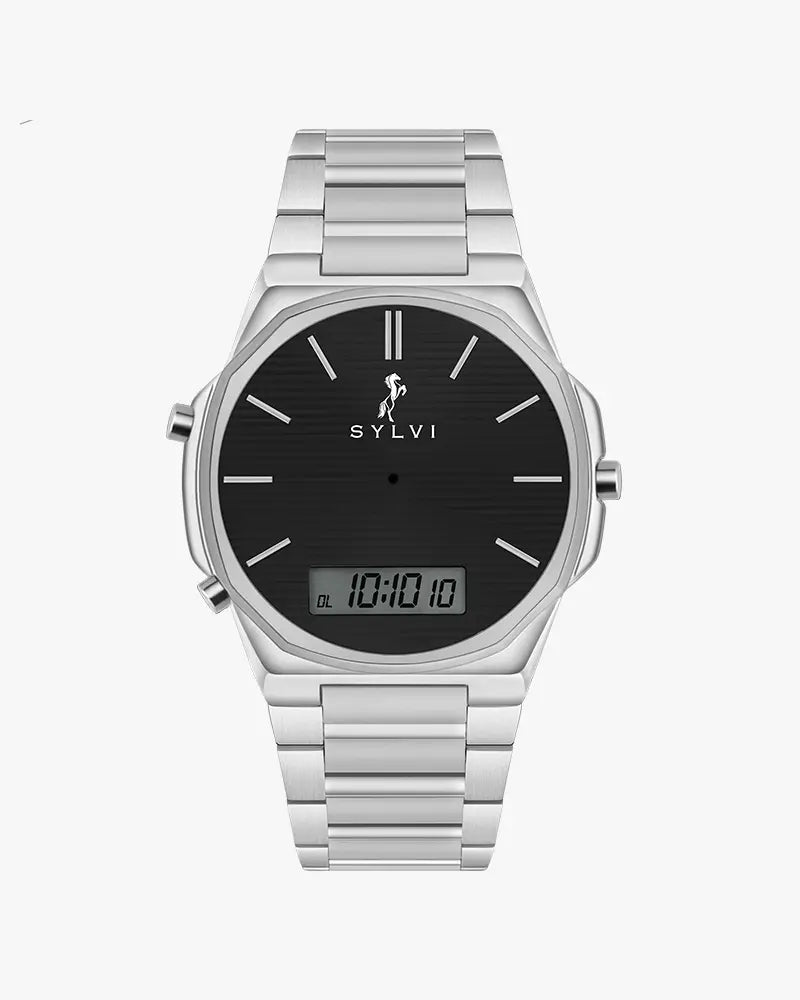 Sylvi Blade DualTime black dial men's analog digital watch with stainless steel strap – front view 3