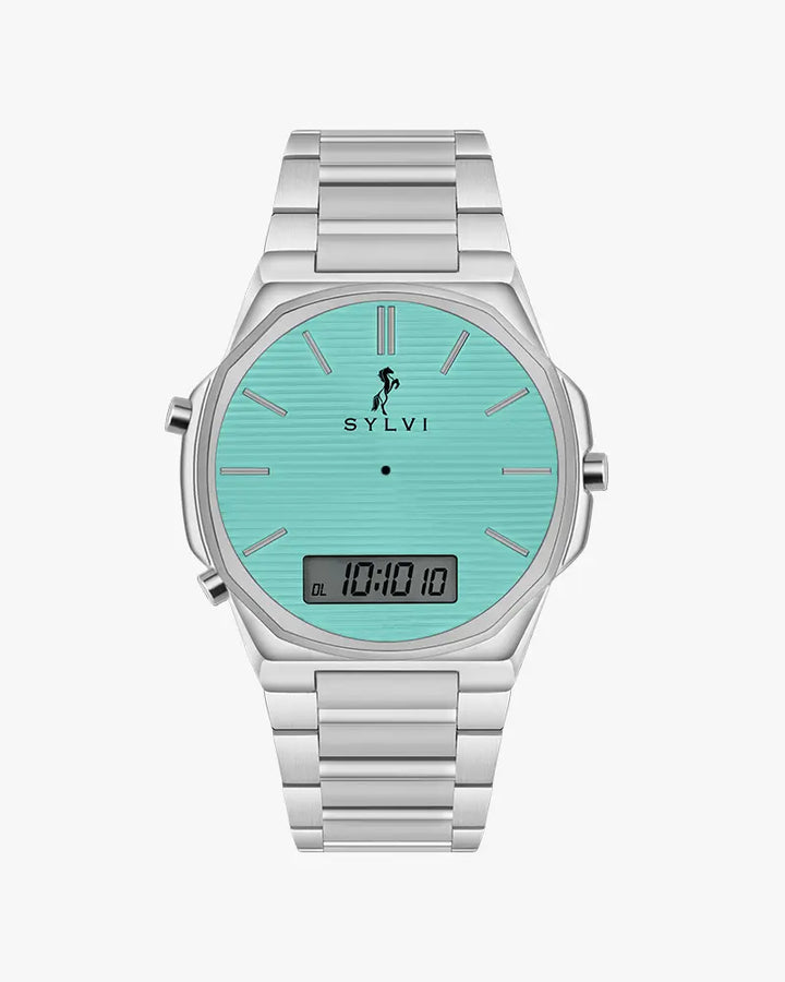 Silver watch with turquoise face and digital display on a white background