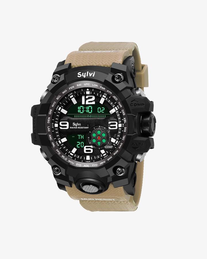 Black Green Dial Cream Belt Sports Men's Watch - Sylvi