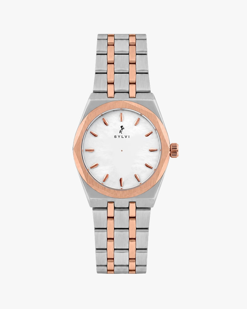 Sylvi Sia white rose gold silver steel women's watch – front view