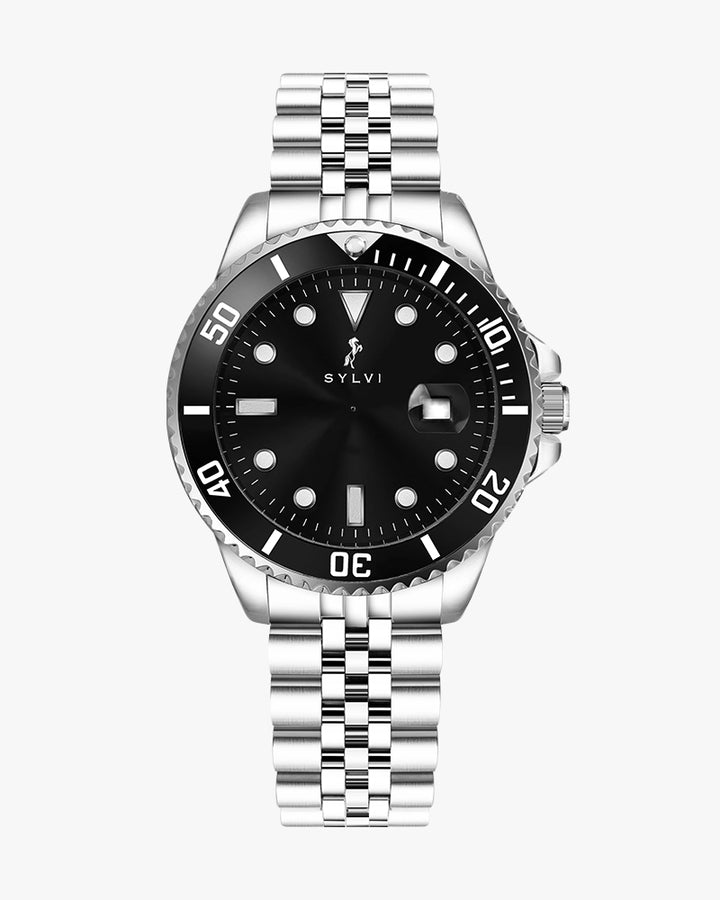 Silver watch with black dial