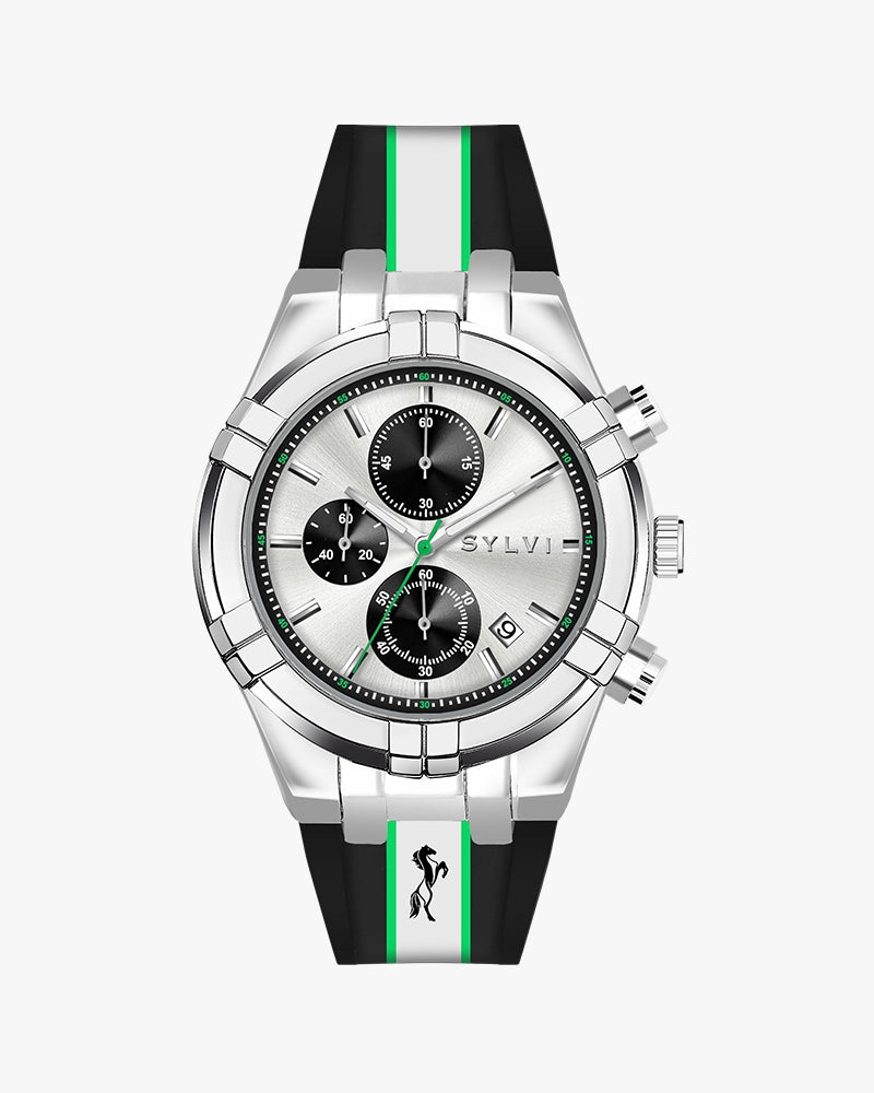 Prototype NitroNeon Green Silicone Chronograph Watch by Sylvi Main Front Angle Image
