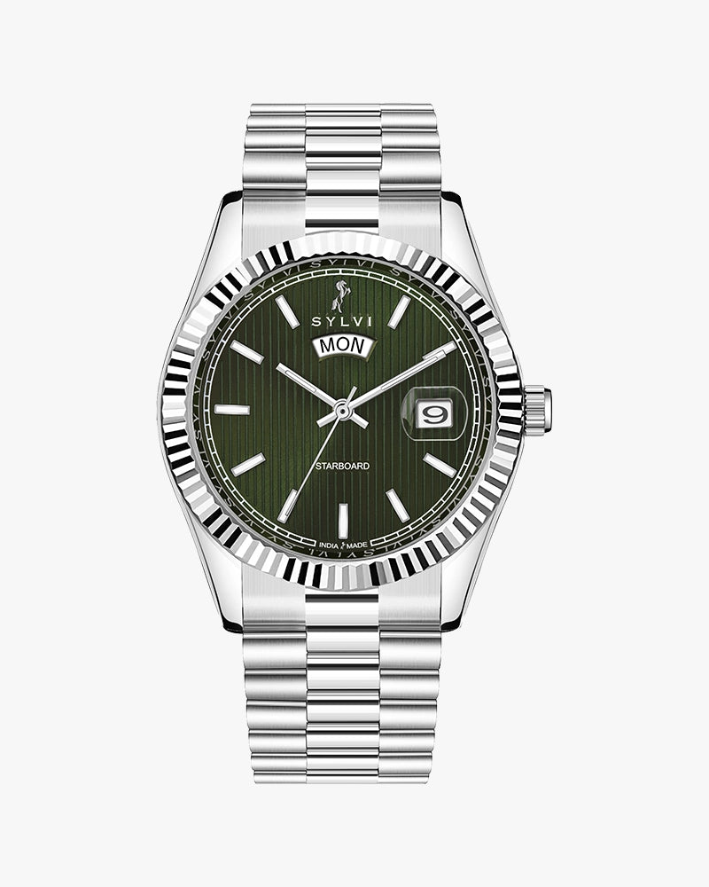 Sylvi Starboard Stainless steel wristwatch with a green dial, date display, and silver-tone bracelet