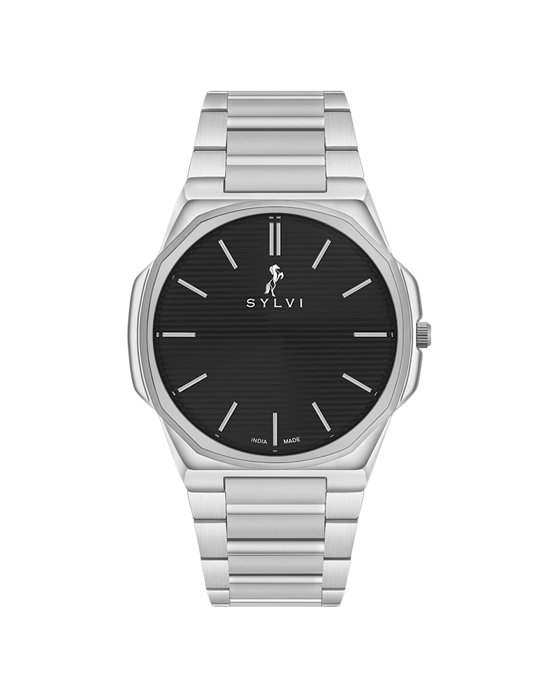 Sylvi Blade black dial men's analog watch with stainless steel strap – front view 3