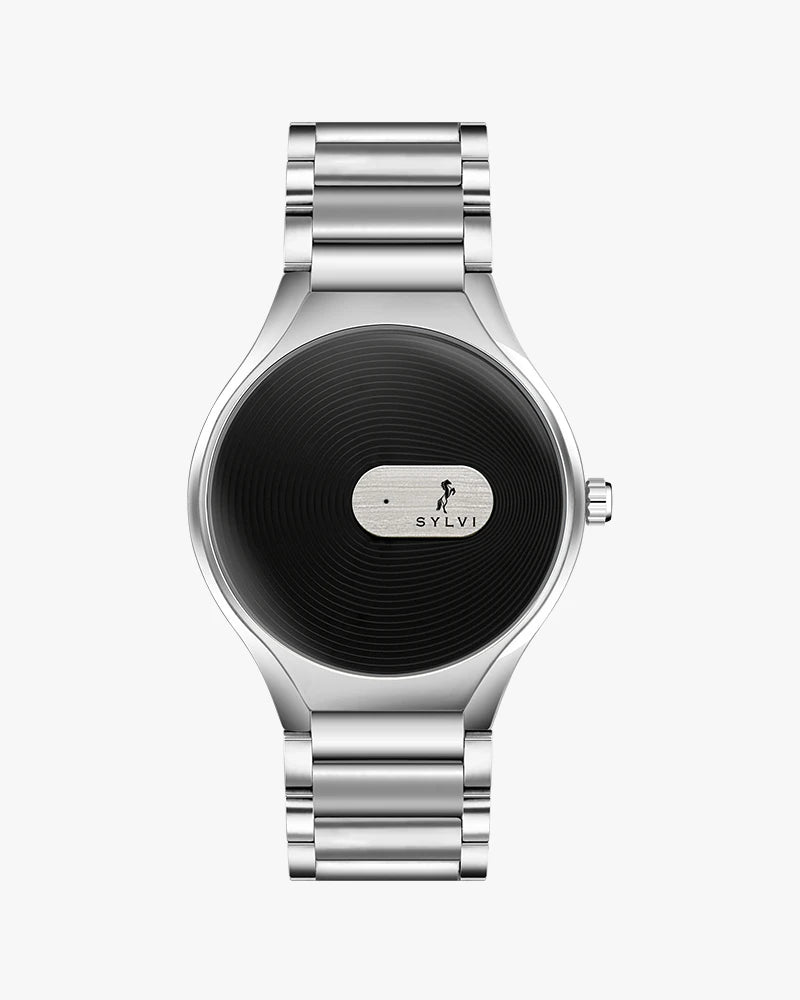 Sylvi Timegrapher black dial men's chronograph watch with stainless steel strap – front view