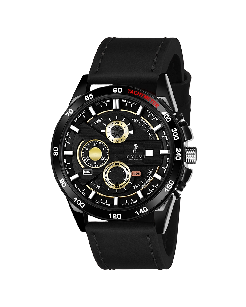 Sylvi Timegrapher gold dial men's chronograph watch with leather strap – front view