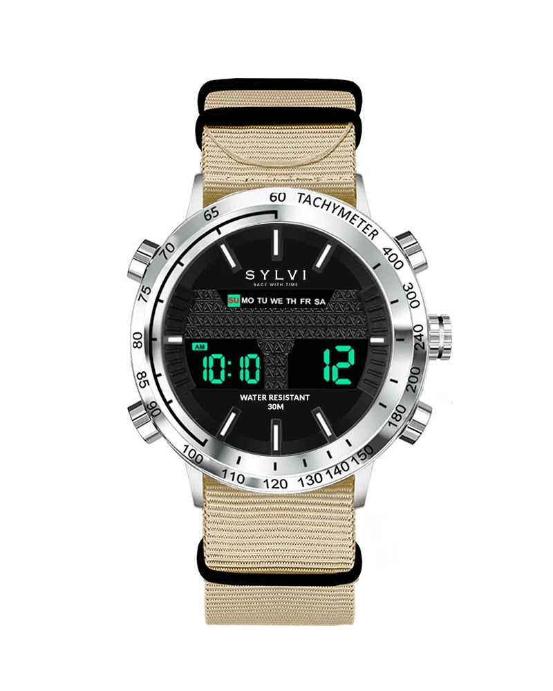 Sylvi's Hawk Khaki Nylon Watch, a rugged timepiece for all.