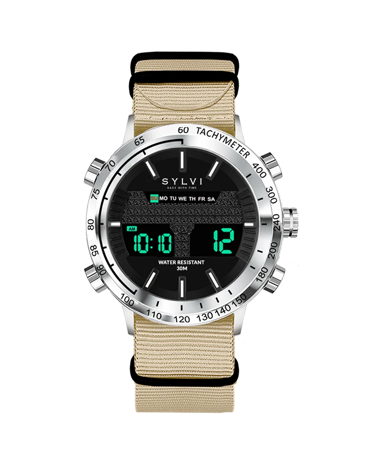 Sylvi watch with digital and analog display on a beige strap against a white background