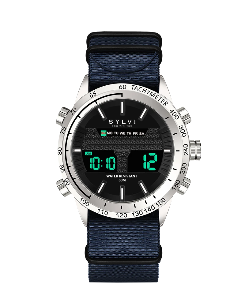 Sylvi Certified Imperfect Hawk Silver Navy Blue Nylon watch – discounted original