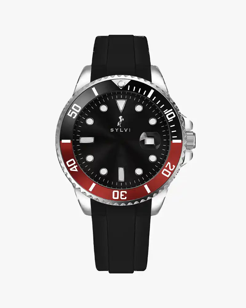 Wristwatch with black strap and red and silver