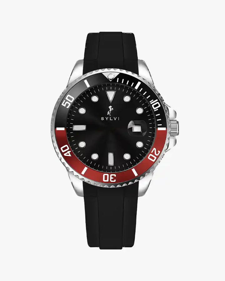 Wristwatch with black strap and red and silver