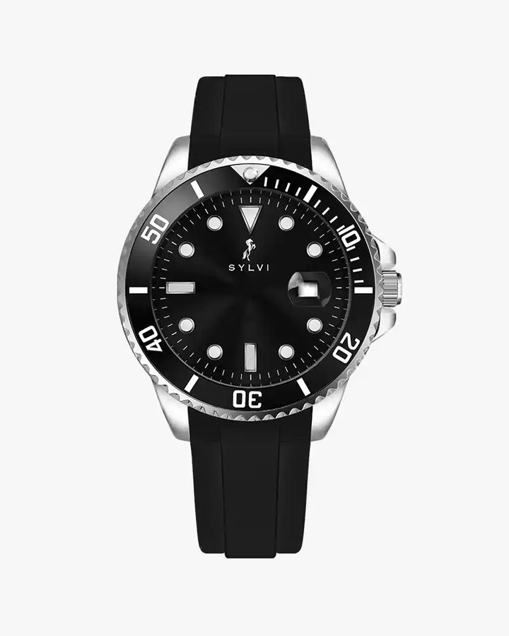 Black wristwatch with a black strap on a white background