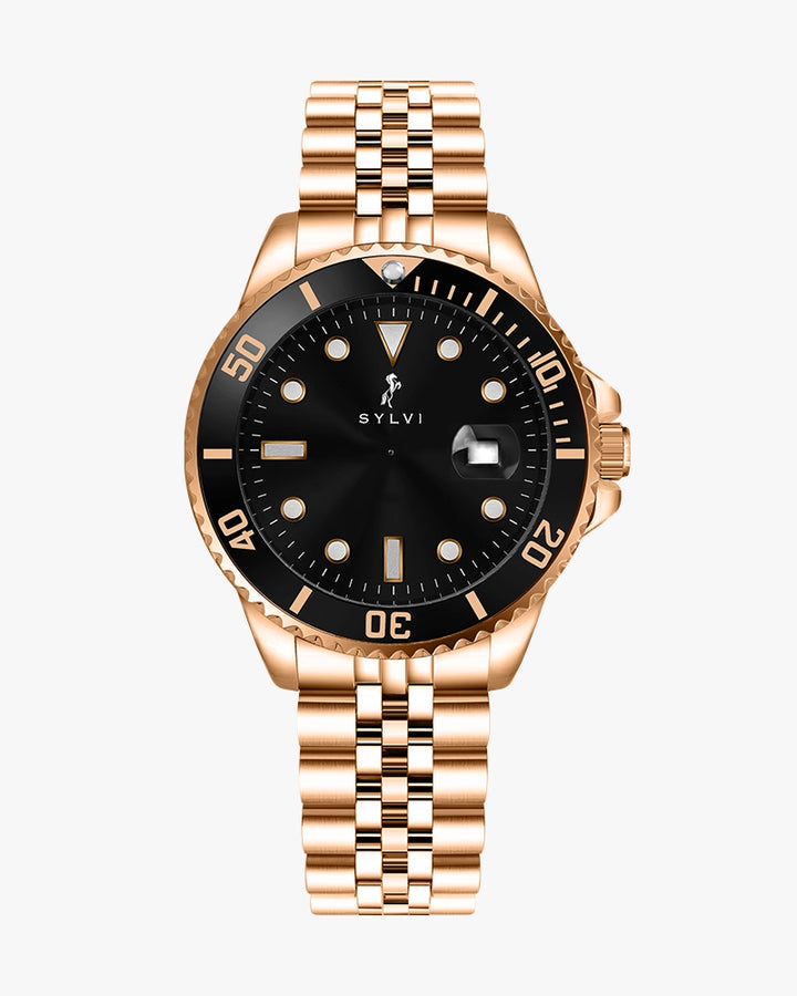 Rose gold watch with black dial