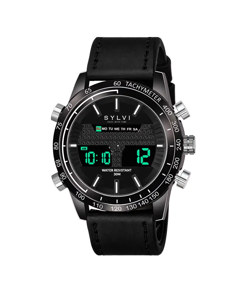 Black watch with digital and analog display on a white background