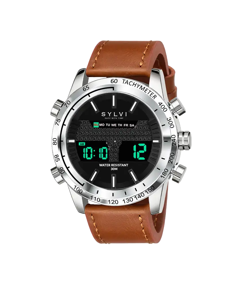 Sylvi watch with brown leather strap and black digital face on white background