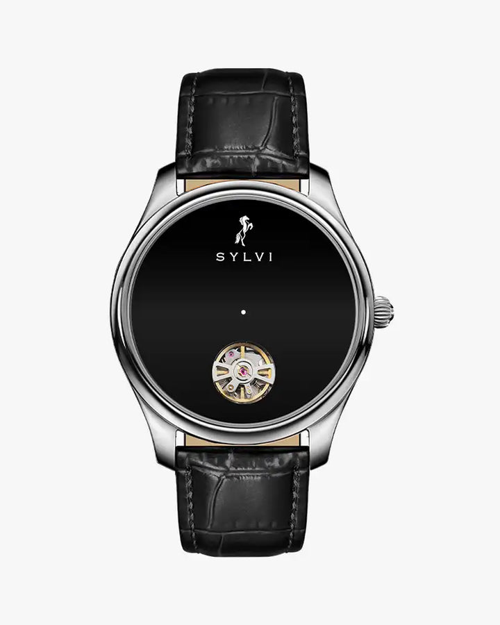 Sylvi watch with black leather strap and black face on a white background
