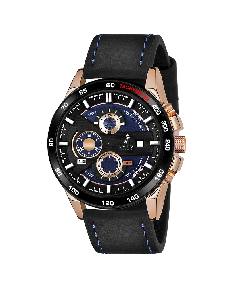 Sylvi Timegrapher rose gold dial men's chronograph watch with leather strap – front view