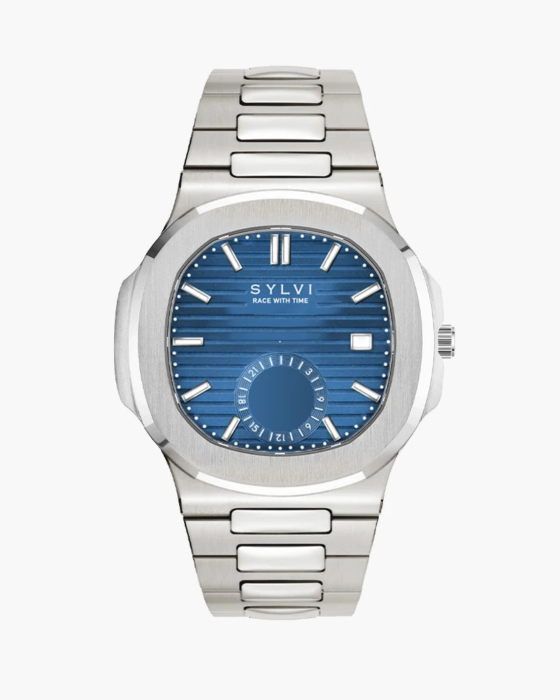 Urbane Moon Blue Silver watch with moonphase dial, stainless steel strap,