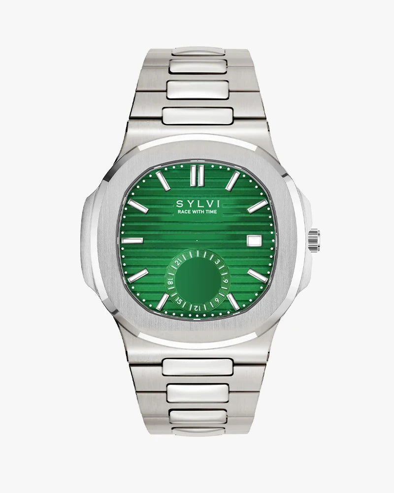 Silver watch with a green face on a white background