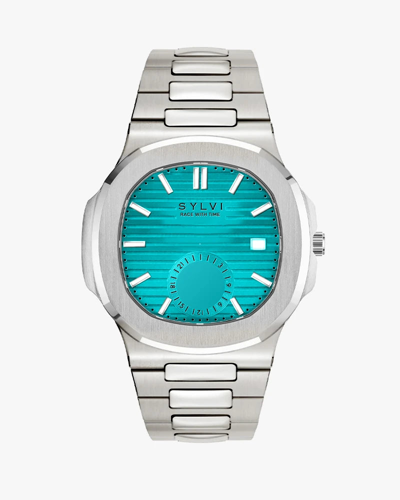 Silver watch with a blue face on a white background