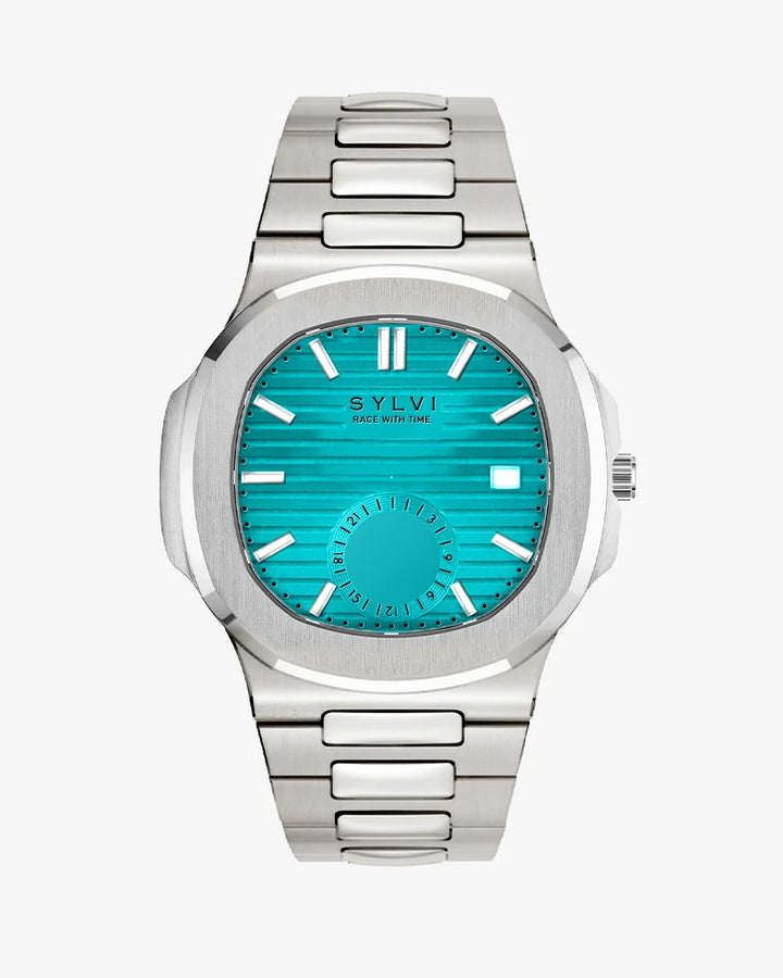 Silver watch with a blue face on a white background