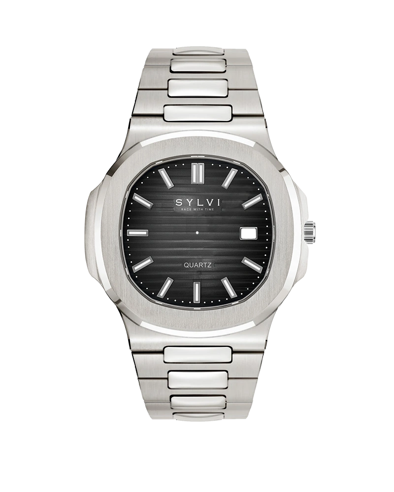 Sylvi Urbane silver dial men's analog watch with stainless steel strap – front view 4