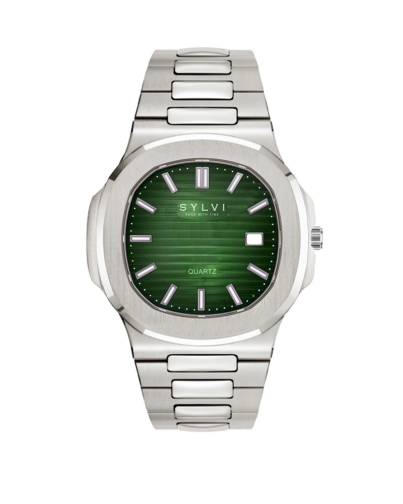 Sylvi Urbane silver dial men's analog watch with stainless steel strap – front view