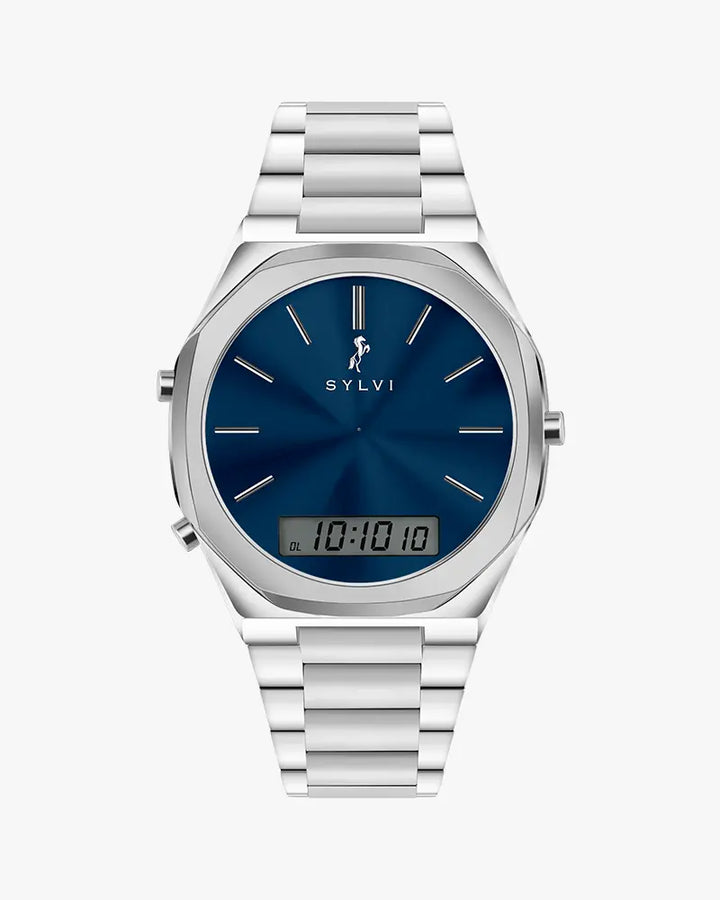 TimeShift blue silver steel strap hybrid watch with analog digital dial for men by Sylvi