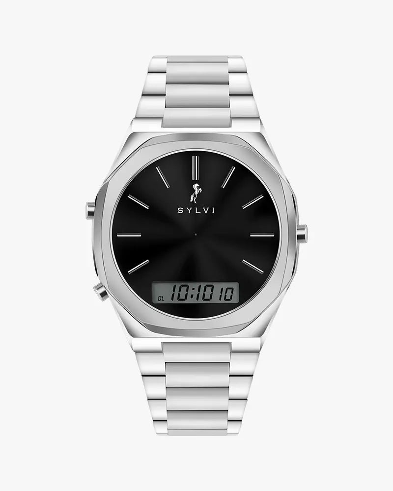 TimeShift silver steel strap hybrid watch with analog digital dial for men by Sylvi