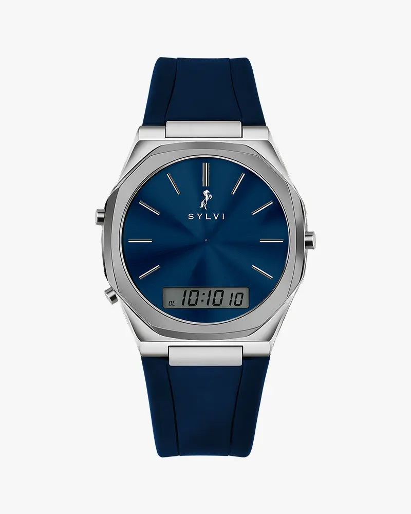 TimeShift blue silver silicone watch main view, hybrid analog digital design for men