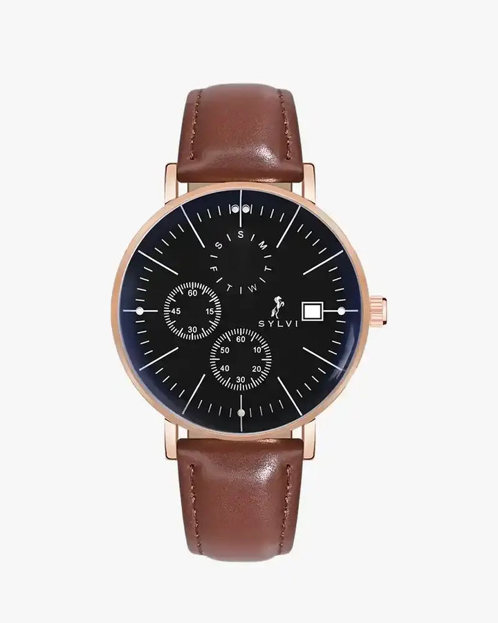 Wristwatch with brown leather strap and black dial on a white background