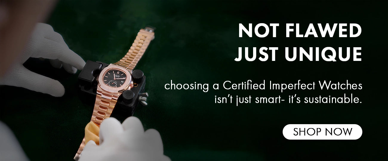 Watch on a branch with a blurred forest background and text about sustainability.