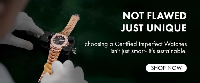 Watch on a branch with a blurred forest background and text about sustainability.