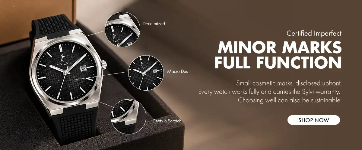 Watch on a branch with a blurred forest background and text about sustainability.