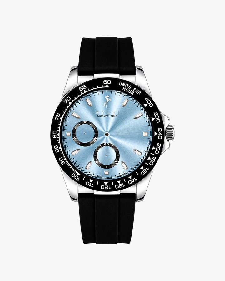 Sylvi LunarDrive Ice Blue Silver luxury chronograph watch display image