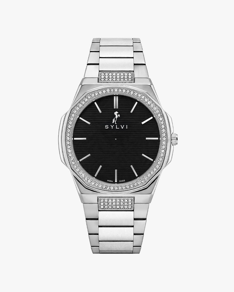 Sylvi Blade Crystal Black Silver Steel Analog 800x1000.psd. watch for men India