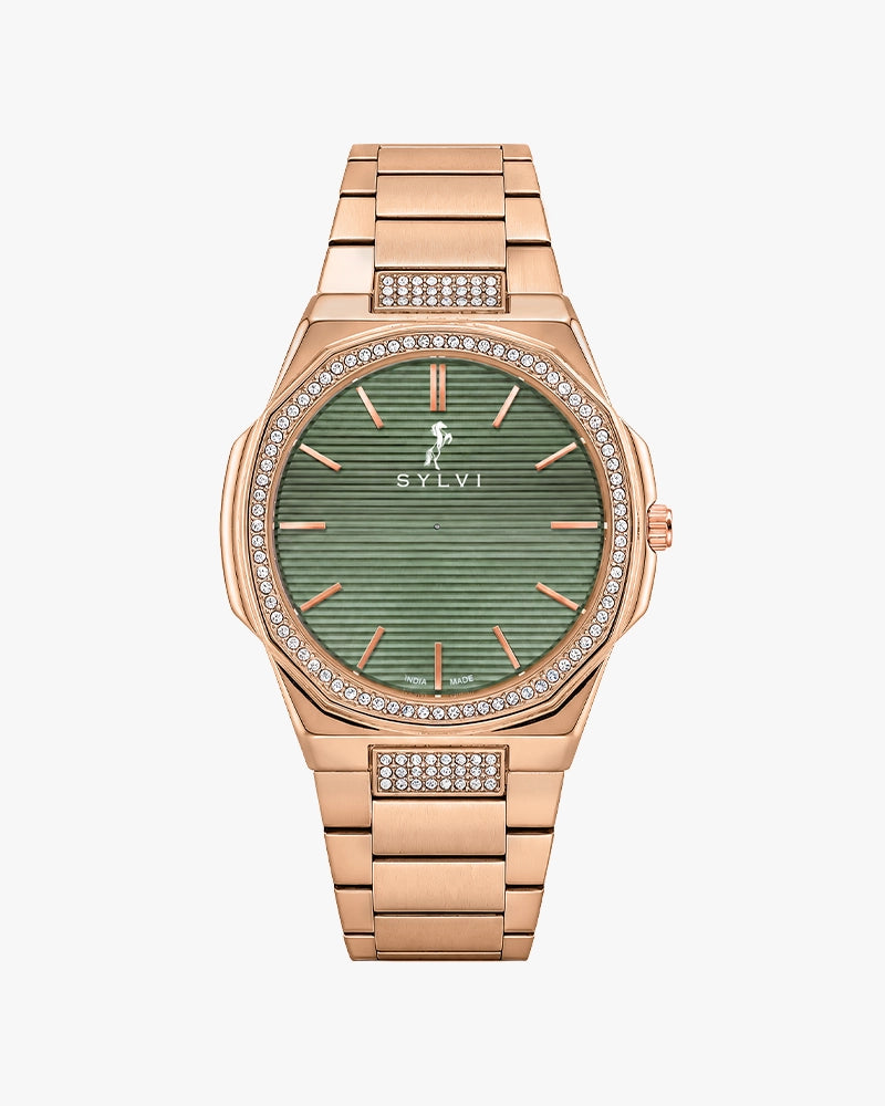 Sylvi Blade Crystal Green Rosegold Steel Analog watch for men India