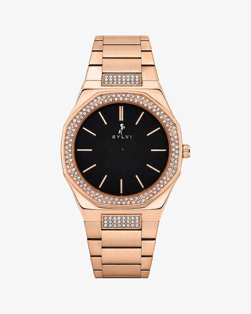 Sylvi Specter Crystal Black Rosegold Steel Analog watch for men India