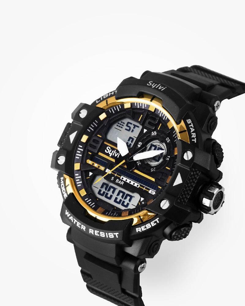 Gold Dial Sports Analog Digital Wrist Watch for Men - Sylvi 