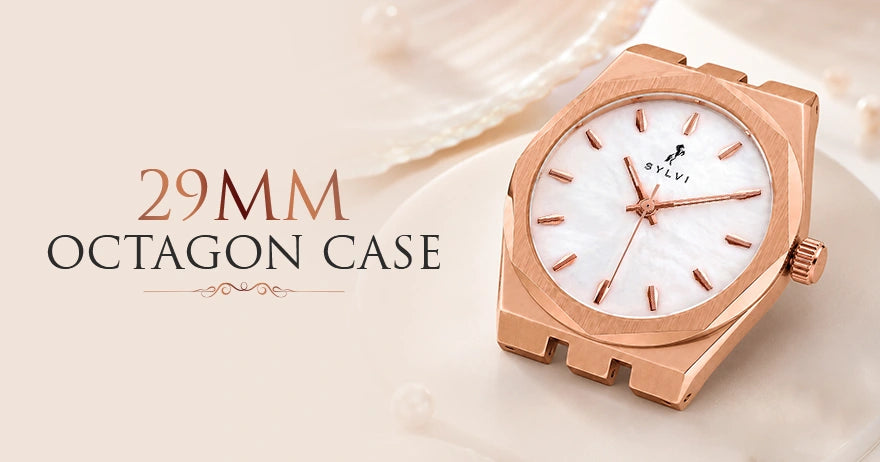 29mm octagonal rose-gold case of the Sylvi Sia women's watch